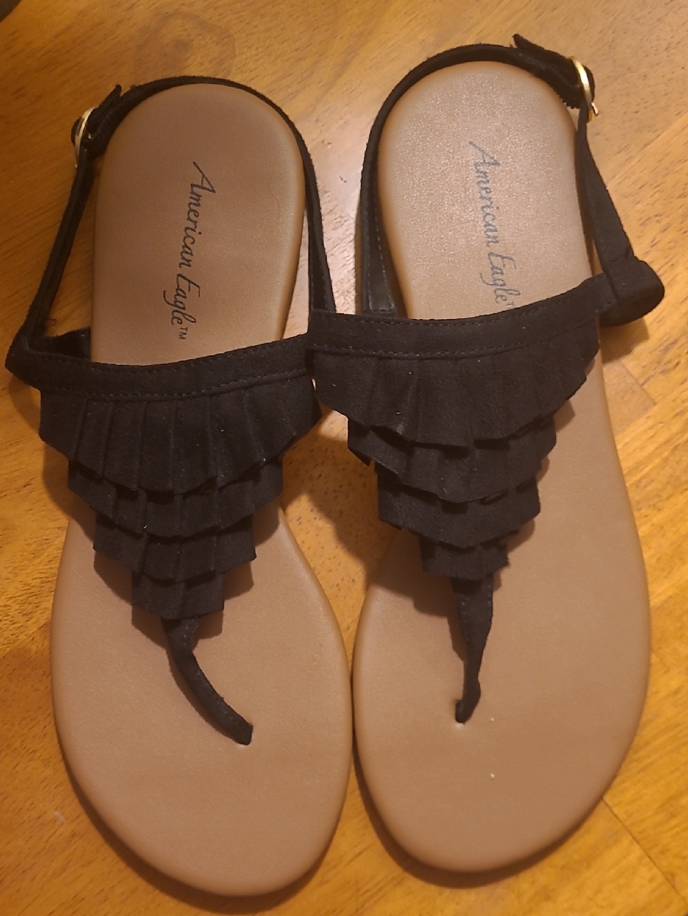 American Eagle Outfitters Black Ruffle T-Strap Sandals with Tan Footbed